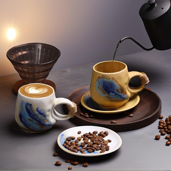 8oz Small Vintage Japanese Style Handmade Ceramic Tea Cup with Saucer , Lead-Free Cappuccino Mug, Artisanal Coffee Mug with saucer set,Handcrafted mug with handle, For Espresso, Latte(1, Light brown)