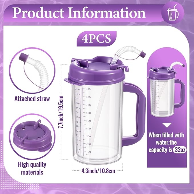4 Pcs 32 oz Hospital Water Cup with Straw and Lid Insulated Double Walled Water Cup with Handle and Straw Elderly Bottle Plastic Drinking Carafe Insulated Mug (Purple)