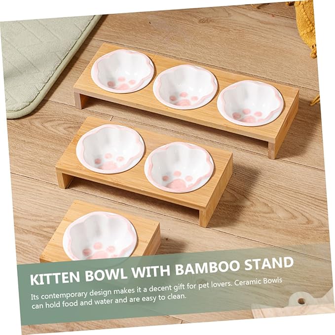 TOYANDONA Ceramic Raised Cat Bowl Whisker-Friendly Design Bamboo Stand for Kitten Feeding Easy to Clean
