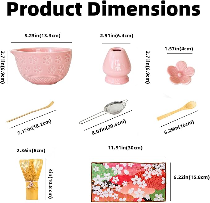 Matcha Whisk Set with Matcha Bowl, Matcha Bamboo Whisk, Scoop, Sifter, Matcha Whisk Holder Unique Gifts for Friend Home Kitchen Decor Gifts for Christmas, Birthday,Halloween (Pink)
