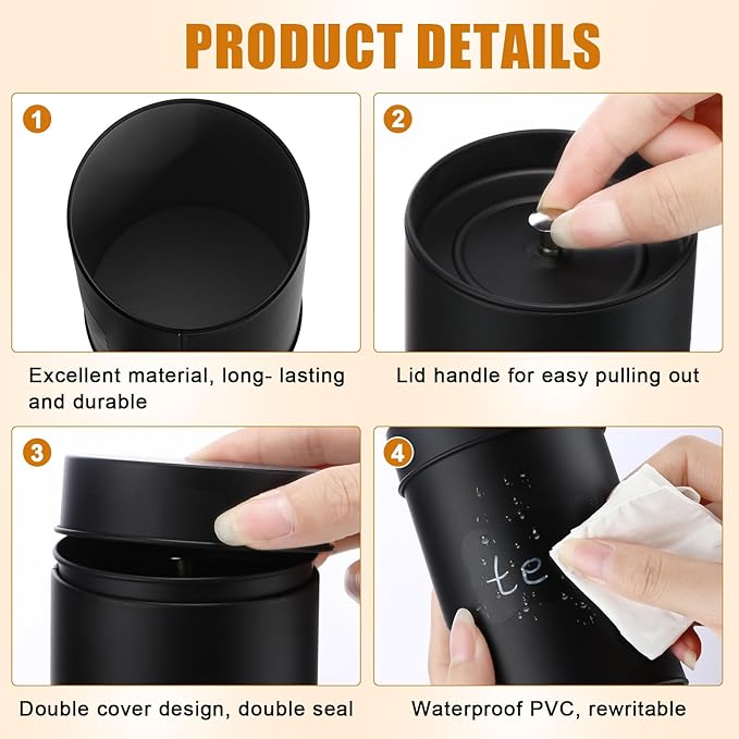 Tanlade 6 Pcs Tea Tin Canister Metal Round Can with Airtight Lid Double Sealed Tea Tin Canisters, with 1 Erasable Chalk Marker and 16 Stickers for Loose Leaf Coffee Sugar, 14 oz