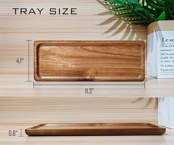Small Wooden Tray (11.3 x 4.1 inch) 3 Pack, Rectangular Mini Serving Tray for Coffee Tables, Dessert, Snack, Fruit, Acacia Wood Platter for Vegetable, Decor Restaurant