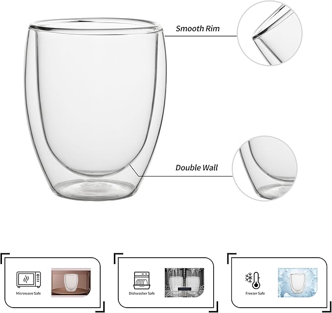 NIRA.Z 4 Pack 11.6oz/343ml Double Wall Glass Coffee Mugs, No Hole Bottom, Insulated Borosilicate Glass Coffee Cups, Clear Mugs for Hot & Cold Beverages, Perfect for Espresso, Latte, Tea, Cappuccino