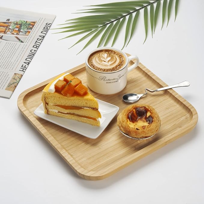 Bamboo Plates, Square Wood Serving Platter, Wooden Serving Tray, Charcuterie Serving Board, Cheese Board (9.8 inch)