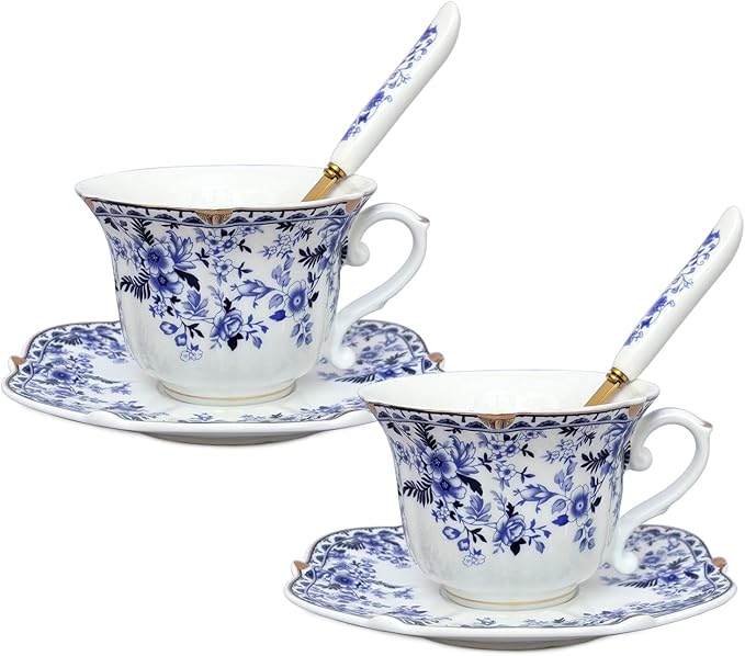 Noviko Ceramic Tea Cups and Saucers Set Vintage Floral Teacup for Women (2, Blue)