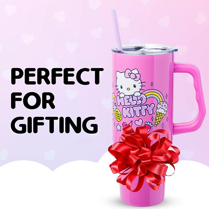 Silver Buffalo Sanrio Hello Kitty Summer Double Walled Stainless Steel Tumbler with Handle, Fits in Standard Cup Holder, 40 Ounces