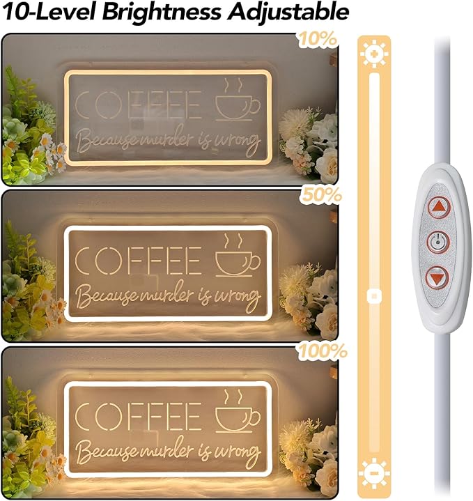 COFFEE Because Murder Is Wrong Neon Sign - Funny Cafe Dimmable Art LED Light Decor Fits Warm Tones For Kitchen，Bar，Coffee Shop，Restaurant，Parties, Wall and Window Display (USB Powered and 3D Engraved)
