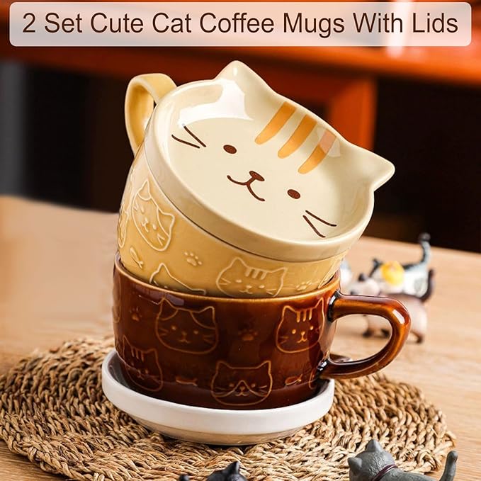 BigNoseDeer 2PCS Cute Mug Kawaii Cat Tea Cup Ceramic Coffee Mug with Lid,Tea Cups and Saucers for Dessert Cute Gifts Cat Lover Gift for Women Anime Christmas Gifts for Women 10oz (Yellow+Brown)