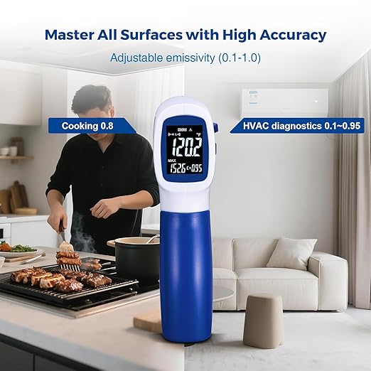 Ring Laser DS20:1 Infrared Thermometer Temperature Gun with Meat,Thermal Gun with Adjustable Emissivity&High/Low Alarm,±1% Accuracy,-58~1832℉ IR Temp Gun with Reverse Display for Food HVAC