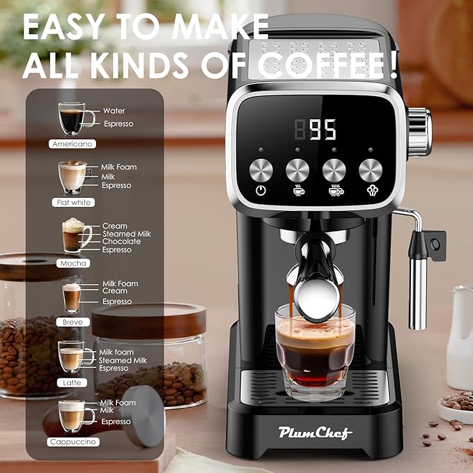 PLJY0110 20BAR Slim Vertical Espresso Machine with Milk Frother, Built-in Cup Warmer,Compact Space-Saving Design 43 OZ Detachable Tank, for Rich Espresso, Americano, Latte, Black