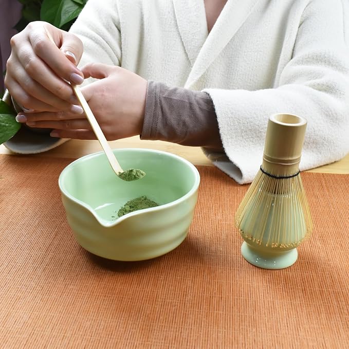 Artcome 4-Piece Matcha Tea Set - Complete Japanese Ceremony Kit with Bowl, Whisk, Whisk Holder, Scoop & Guide, Green
