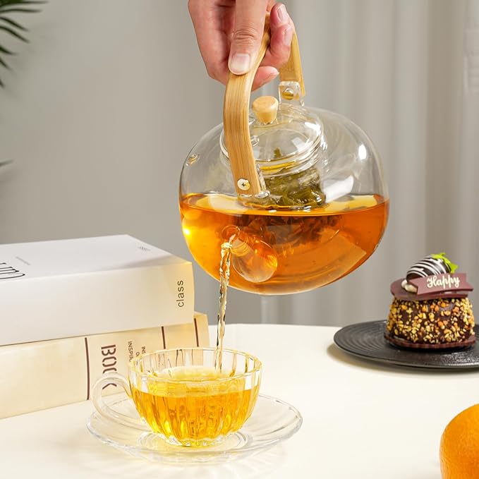 49OZ/1450ML Glass Teapot with Removable Infuser & Lid, Stovetop & Microwave Safe Clear Borosilicate Glass Tea Maker Water Kettle for Loose Leaf Blooming Tea