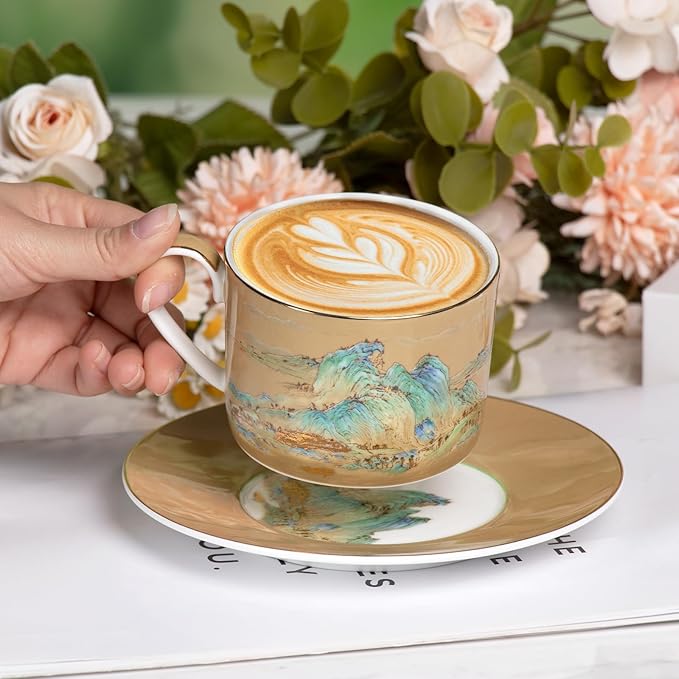 KAMMAK Tea Cups and Saucers Set of 2, Fine Bone China Coffee Cups, Stackable Espresso Mugs, Ceramic Demitasse for Coffee, Cappuccino, Latte, Americano, Tea, Large - River and Mountains