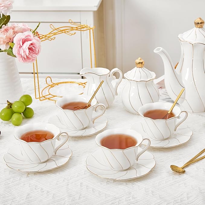 DUJUST Luxury Tea Cups and Saucers with Golden Trim, White Porcelain Tea Set of 4(7oz), British Style Coffee Cup Set, Beautiful Tea Set for Women, Tea Party Set, Gift Package - White