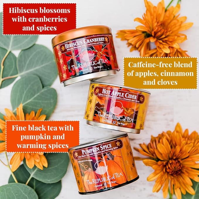 The Republic of Tea – Harvest Stackable Tea Tin, 36 Tea Bags, Hibiscus Cranberry Herb, Hot Apple Cider Herb, and Pumpkin Spice Black, Gluten Free