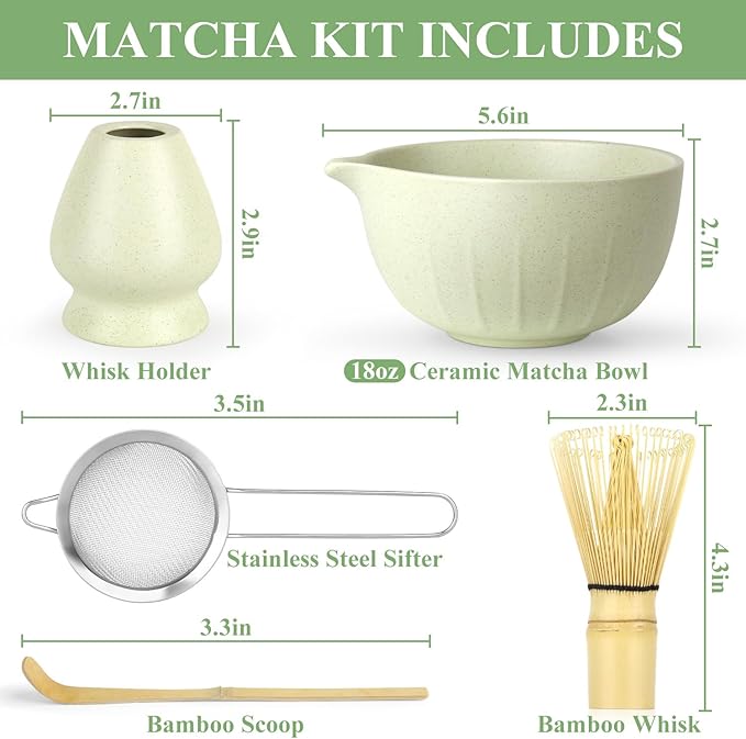 Matcha Whisk Set, Matcha Bowl with Spout, Matcha Whisk & Holder, Stainless Sifter and Bamboo Scoop, Complete Matcha kit Gift for Matcha Lovers & Starter