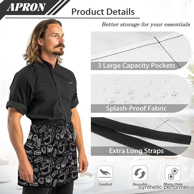 Waist Apron with 3 Pockets Waterproof 13 Inch Short Half Waist Aprons Women Men Server Aprons Waitress Waiter Apron - Image 6