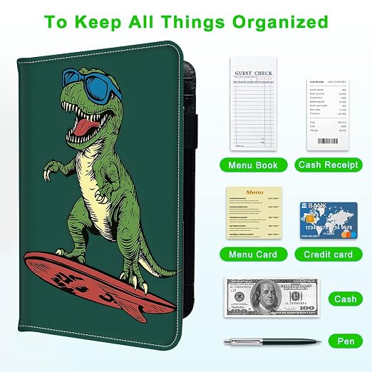 Server Books for Waitress, with 7 Large Pockets, Waiter Serving Book, Waitstaff Server Order Pads, Cute PU Leather Server Book with Pen Holder Fit Server Apron,Surfing Dinosaur - Image 5