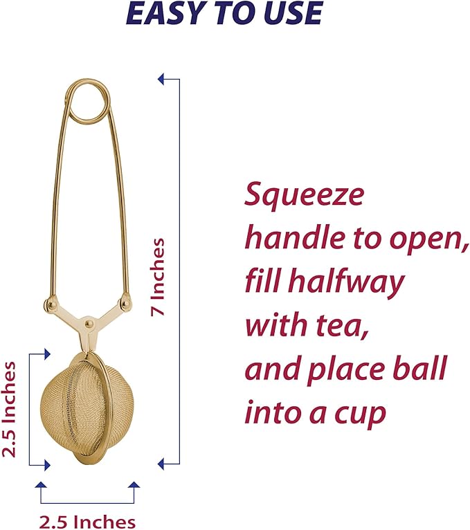 HIC Kitchen Gold Mesh Snap Tea Ball Infuser, Gold-Toned Titanium-Coated Stainless Steel, For Loose Tea, Set of 2
