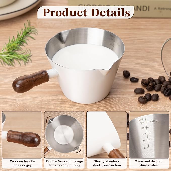 Espresso Cup, 6.8 oz/200 ml Stainless Steel Coffee Shot Measuring Cup with Wood Handle, Double V-Shaped Mouth and Clear Scale for Cappuccino Barista Coffee Bar Accessories, White