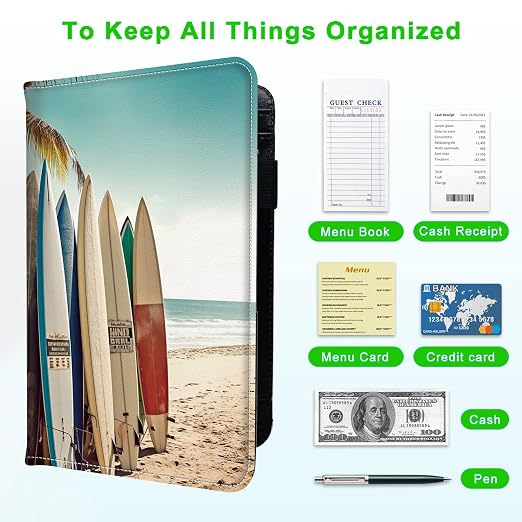 Server Books for Waitress, with 7 Large Pockets, Waiter Serving Book, Waitstaff Server Order Pads, Cute PU Leather Server Book with Pen Holder Fit Server Apron, Surfboards - Image 5