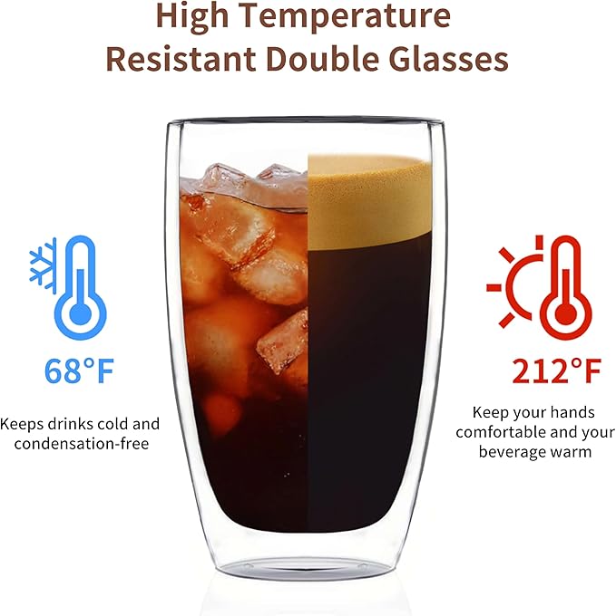 MESNEY 17 oz Double Walled Glass Coffee Mugs, Glass Coffee Mugs Set of 4, Insulated Clear Cappuccino Latte Mugs for Home, Cafe & Restaurant, Durable Stackable Drinking Glasses