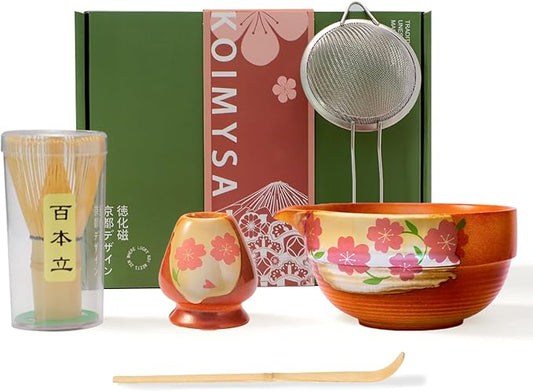 Matcha Whisk Set With Cherry Blossom Design Bowl And Whisk, Japanese Traditional Matcha Starter Kit Gifts For Women Men Girl Friend,Terracotta And Beige
