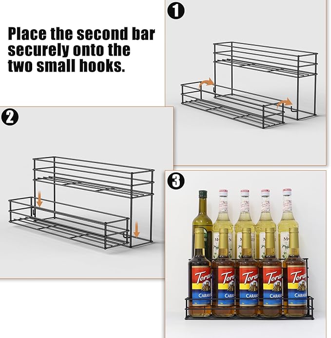 Coffee Syrup Rack for 4 Bottles (750ml), Tiered Coffee Syrup Organizer & Holder, Heavy-Duty Metal Syrup Rack, (10 bottles of black)