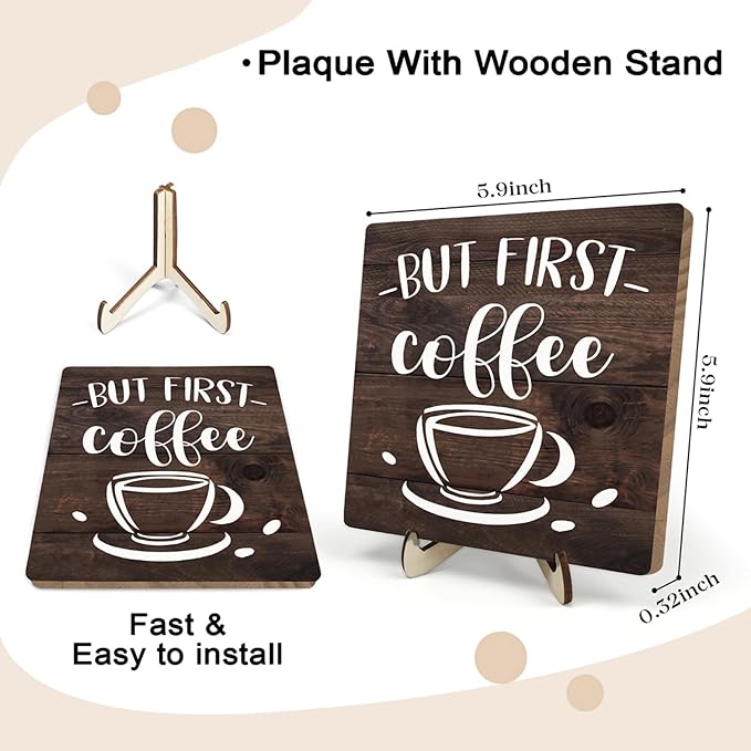 Vintage Coffee Bar Wooden Plaque Desk Sign, Farmhouse Wood Plaque Tabletop Decor for Cafe Bar Kitchen Office,Coffee Station Accessories 5.9x5.9Inch
