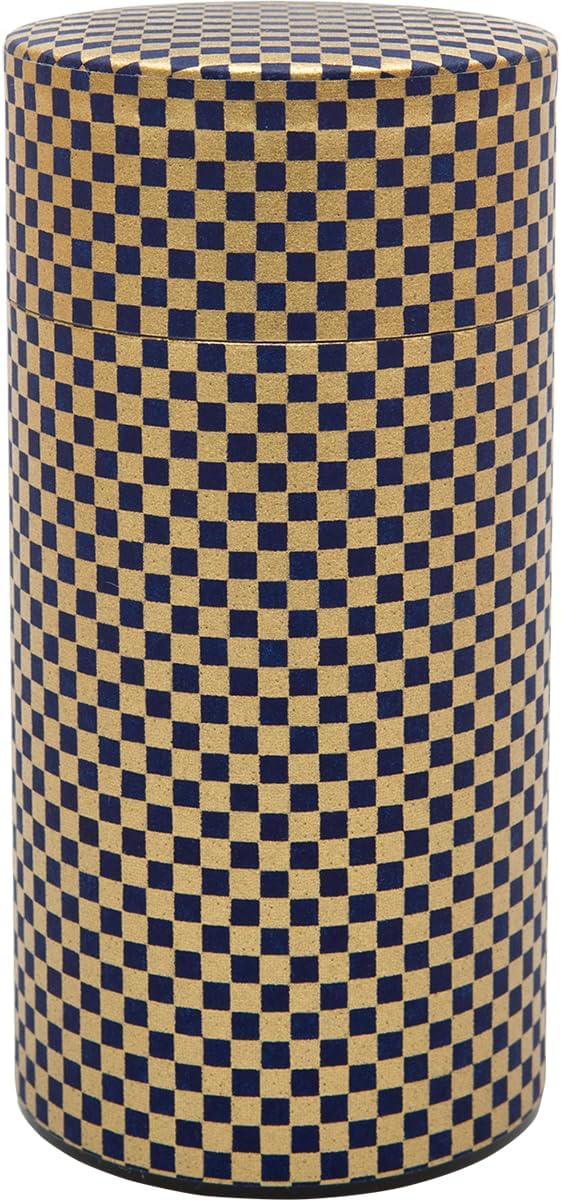 Washi Paper Tea Tin Canister: Long 7oz (200g) Indigo and Gold Checkered (#75), Japan
