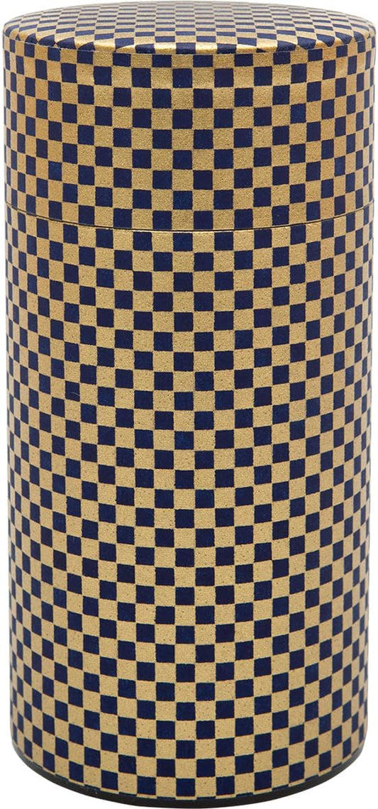 Washi Paper Tea Tin Canister: Long 7oz (200g) Indigo and Gold Checkered (#75), Japan