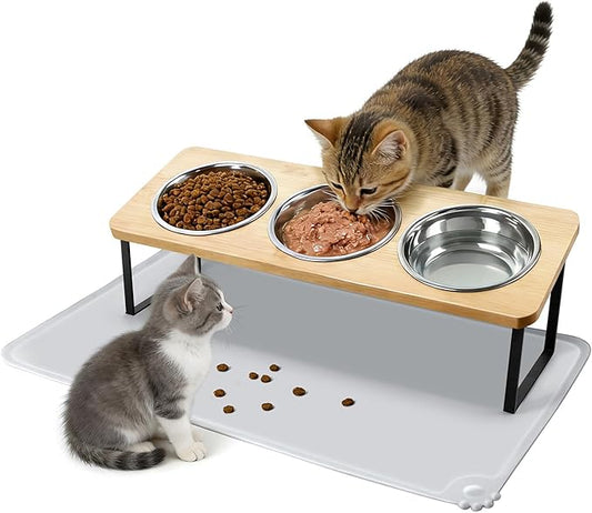 Elevated Cat Bowls, 15°Tilted Raised Cat Food Bowls with Mat, Cat Food and Water 3 Stainless Steel Bowl Set for Indoor, Anti-Vomiting, Whisker Fatigue.