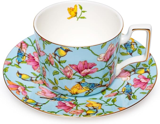 Vintage 8 Ounces Teacup and Saucers Set Floral Tea Cups Set Bone China TeaCups Coffee Tea Cup for Tea Party Women Mom (Blue)