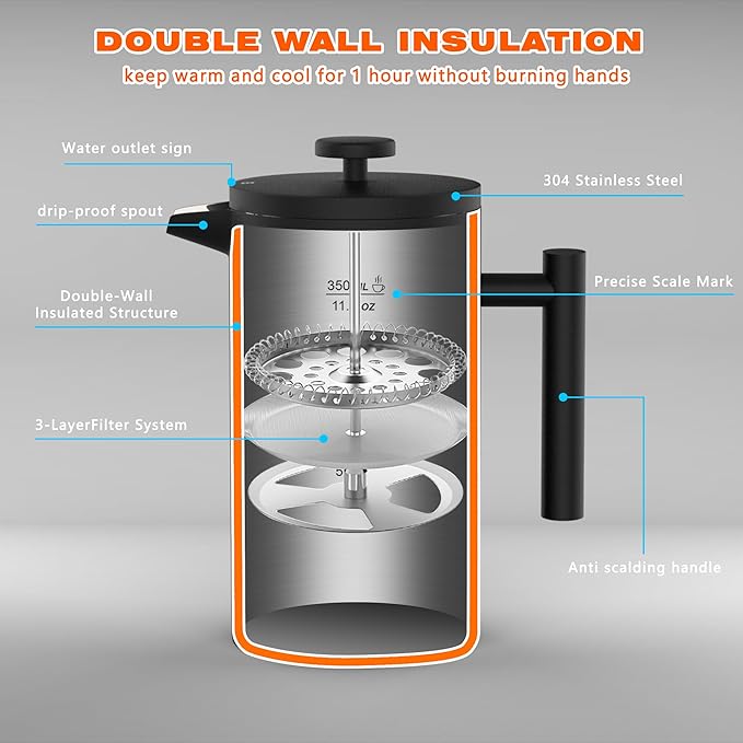 French Press Coffee Maker, 12OZ Double Wall Vacuum Insulated 304 Stainless Steel for Home, Camping and Office