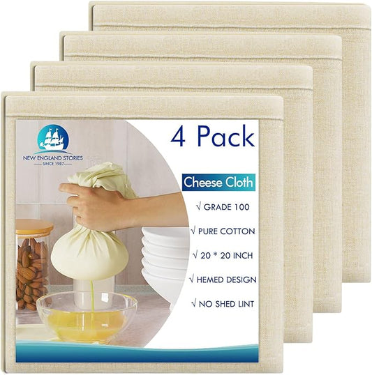 4 PCS Reusable Cheesecloth, Grade 100, 20x20 Inch Hemmed Cheese Cloth for Straining Craft, 100% Cotton Unbleached Cloth Strainer for Cooking, Baking, Juicing, Cheese Making