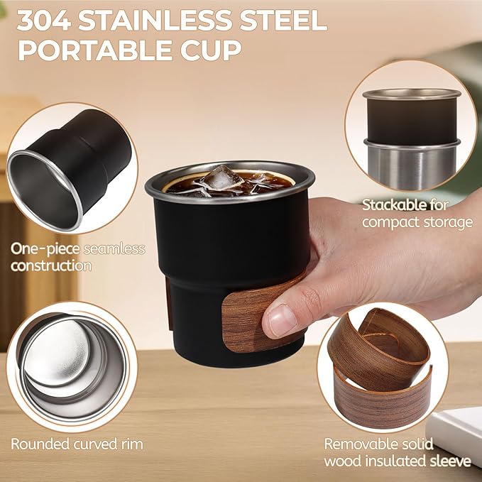 Pour Over Coffee Maker 300ml Portable Cup 304 Thickened Stainless Steel Drip Coffeemaker Set with 50pcs V60 Cone Paper Filters Hand Brew Dripper Carafe for Home Camping Travel 10.2oz Black