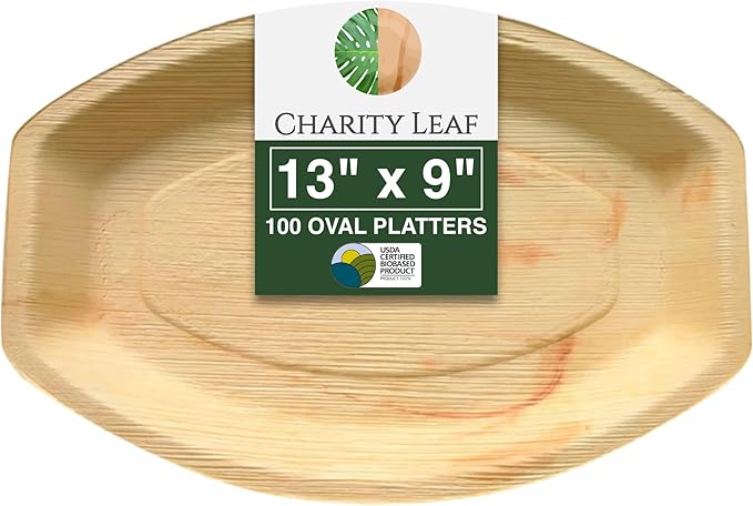 Charity Leaf Disposable Palm Leaf 13" x 9" Trays (100 pieces) Bamboo Like Serving Platters, Disposable Boards, Eco-Friendly Dinnerware For Weddings, Catering, Events