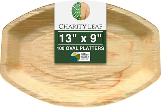 Charity Leaf Disposable Palm Leaf 13" x 9" Trays (100 pieces) Bamboo Like Serving Platters, Disposable Boards, Eco-Friendly Dinnerware For Weddings, Catering, Events