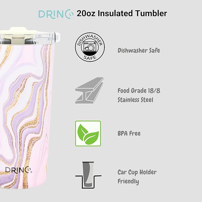 Drinco - 20 oz Stainless Steel Tumbler | Double Walled Vacuum Insulated Mug With Lid, 2 Straws, For Hot & Cold Drinks (20oz Rosa Gold)