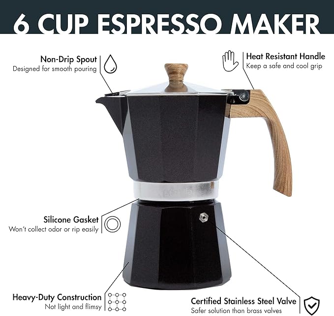 Primula Aluminum Stove Top Espresso Coffee Maker, Percolator Coffee Pot for Moka, Cuban Coffee, Cappuccino, Latte and more, Perfect for Camping, 6 Cup, Black