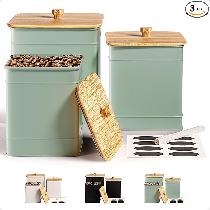 Kitchen Canisters for Countertop Set of 3 with Customizable Chalkboard Labels & Marker Pen - Big Iron Kitchen Canisters with Airtight Lids - Sage Green Canister Set - Flour and Sugar Containers