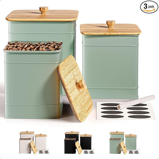 Kitchen Canisters for Countertop Set of 3 with Customizable Chalkboard Labels & Marker Pen - Big Iron Kitchen Canisters with Airtight Lids - Sage Green Canister Set - Flour and Sugar Containers
