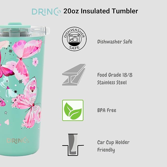 Drinco - 20 oz Stainless Steel Tumbler | Double Walled Vacuum Insulated Mug With Lid, 2 Straws, For Hot & Cold Drinks (20oz Butterfly)