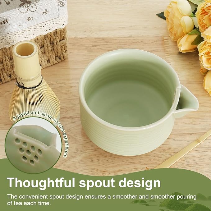 4Pcs Matcha Whisk Set, Matcha Set, Matcha Whisk and Bowl, Matcha Whisk Holder, Japanese Matcha Tea Set, Ceramic Matcha Bowl with Pouring Spout for Tea Lovers Matcha