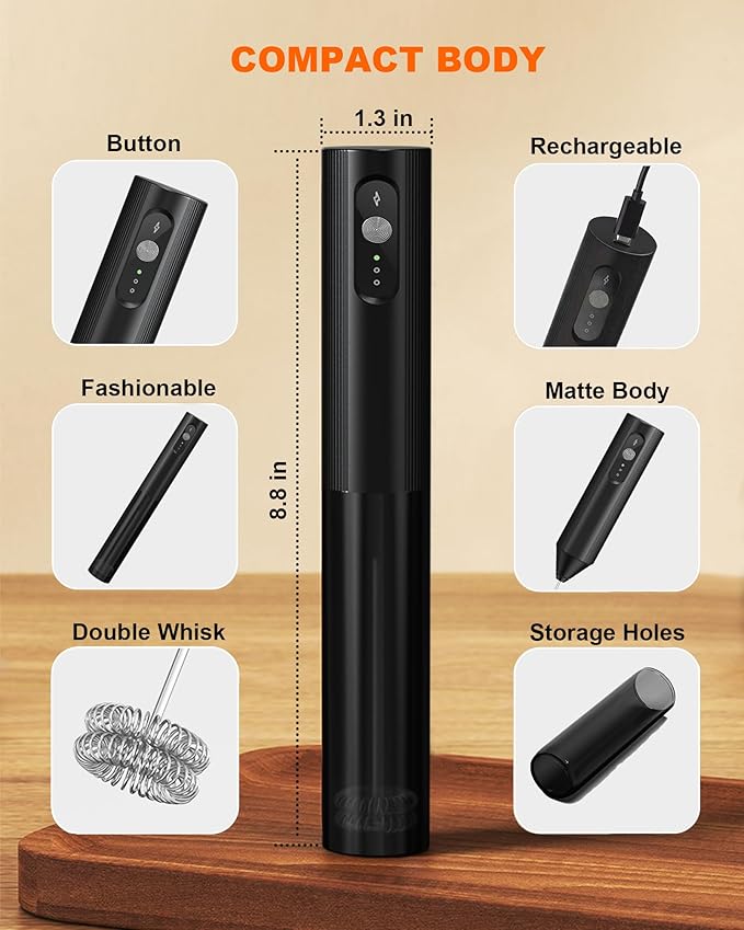 3-Speed Handheld Milk Frother with Cover, Rechargeable Electric Drink Mixer with Dual Coil Whisk - Portable Frother Wand for Coffee, Latte, Cappuccino, Hot Chocolate & Matcha, Black