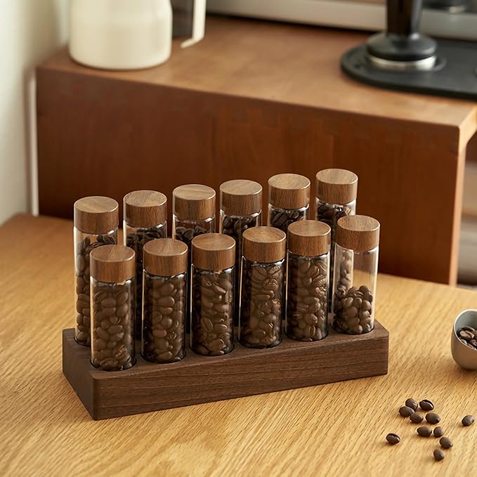 Coffee Bean Storage,Coffee Storage Container with Walnut Solid Wood Base,Coffee Bean Container,12 Tubes Single Dose with Wooden Holder(Type 2)