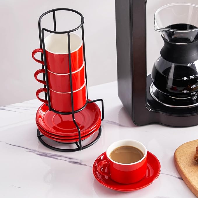 4oz Porcelain Stackable Espresso Cups with Saucers and Metal Stand Set of 4, Stackable Espresso Cups Set of 4, Red Expresso Shots Cup Set for Coffee Drinks, Cappuccino Latte, Americano, Tea