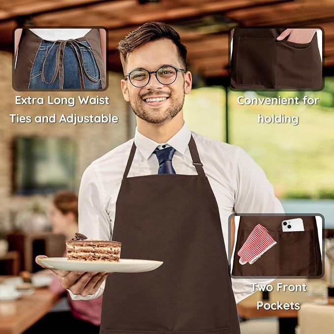 4 Packs Chef Apron, Waterproof Apron, Adjustable Aprons with 2 Pockets for Men Women, Professional Aprons for Kitchen Cooking Gardening Painting Baking Restaurant (Coffee) - Image 5