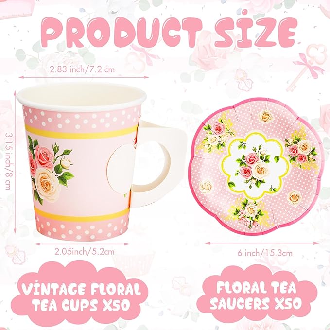 100 Pcs Tea Party Decorations Includes 50 7 oz Paper Tea Cups with Handle 50 Vintage Floral Plates Disposable Tea Cups and Saucers for Wedding Spring Party Birthday Hot Cold Drinks(Pink)