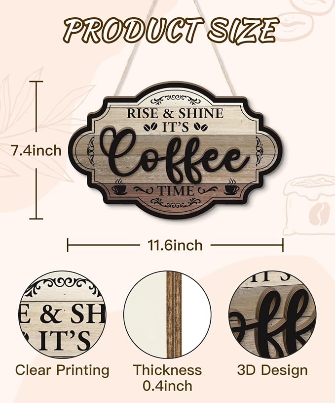 Putuo Decor Farmhouse Coffee Bar Sign, Rise & Shine Its Coffee Time Wall Hanging Sign, Vintage Double Layer Plaque Wall Decor for Home Kitchen Station Rustic Bar Accessories